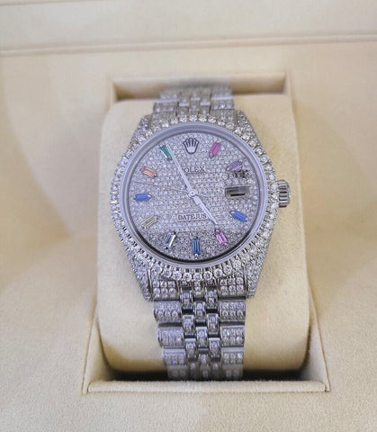 ROLEX Mens Datejust Rainbow Dial Iced Out Fully Load Genuine Diamonds 36mm Watch