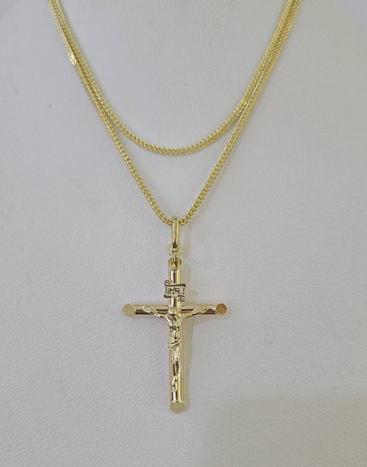 10K Gold Franco Chain INRI Cross Charm SET Length 16-20 Inches 1mm Ladies Women