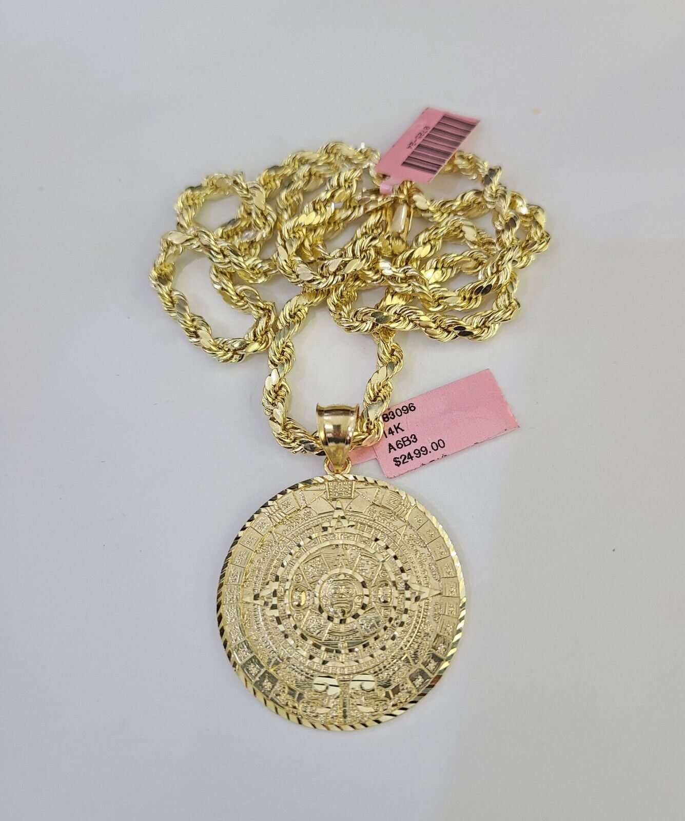 Real 14k Rope Chain Mayan Calendar Charm Yellow Gold Set 5mm 20"-30" Necklace