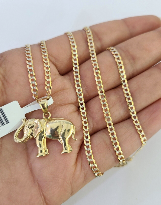 10k Solid Gold Cuban Curb Chain Elephant Pendant 2mm 18"-24" SET Necklace