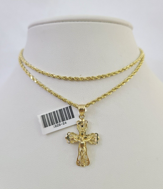 10k Solid Rope Chain 3mm Jesus Cross Pendant Charm Necklace SET 18-24 in