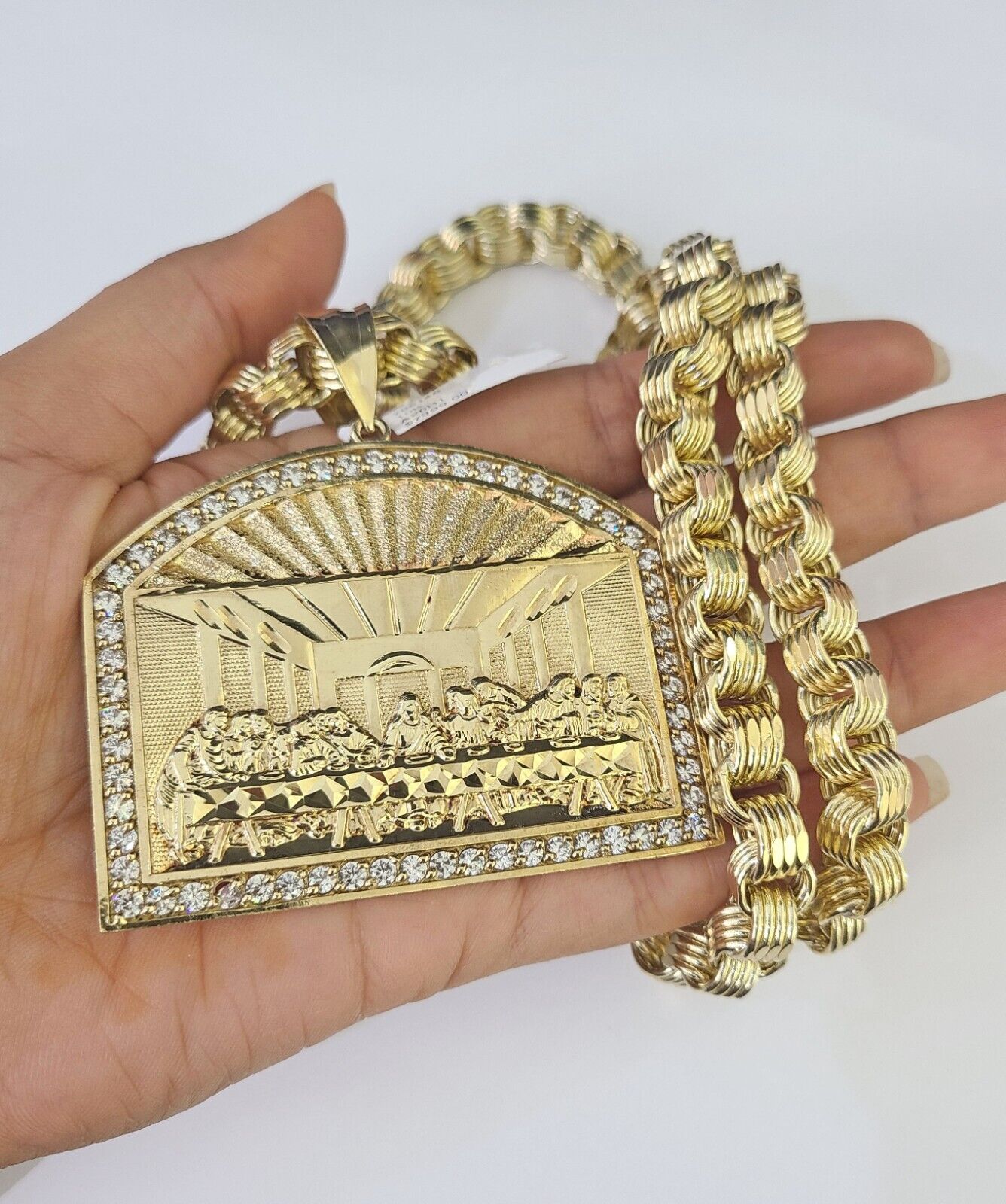 10k Gold Byzantine Necklace Last Supper Charm 20-30 inches 9mm REAL SET Chain