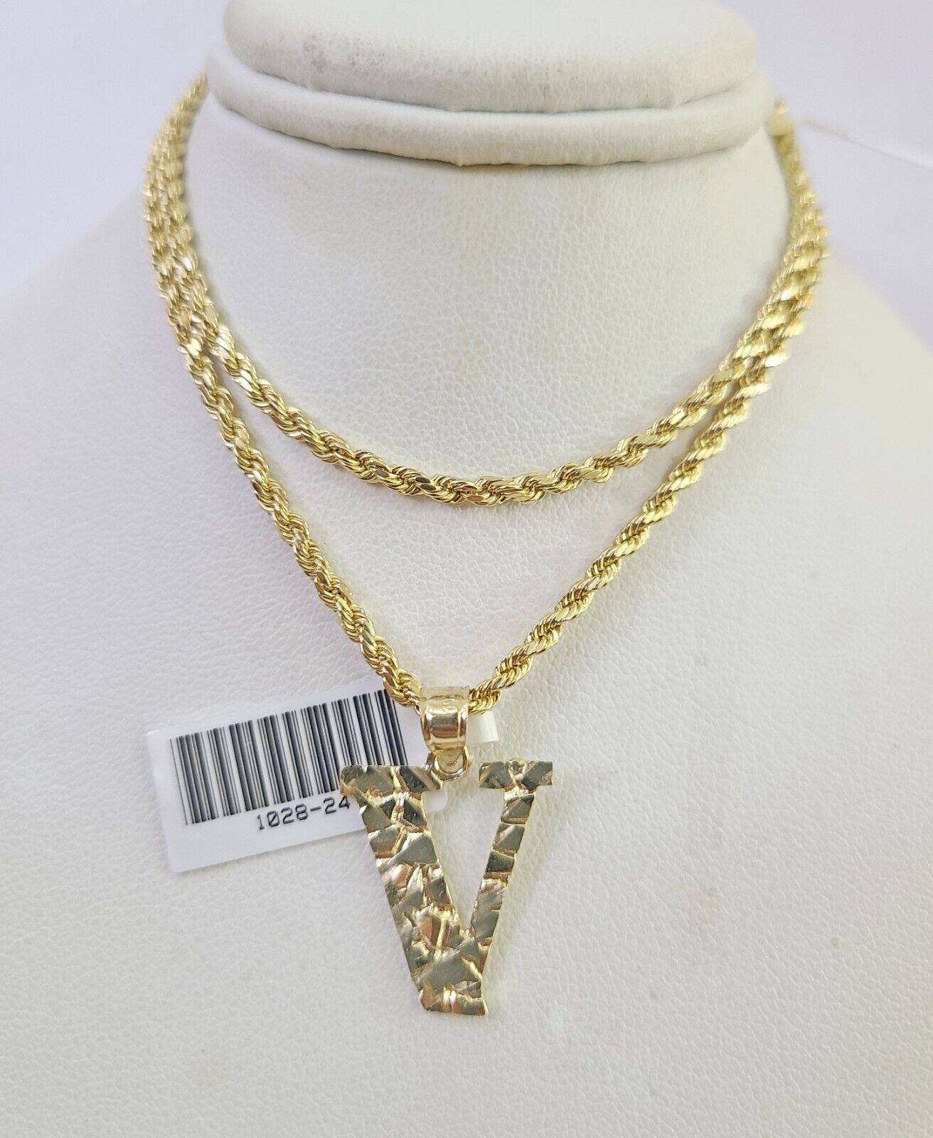 10k Gold Initial V Charm Rope Chain 16"-26" 2.5mm SET Necklace Alphabet Pendant