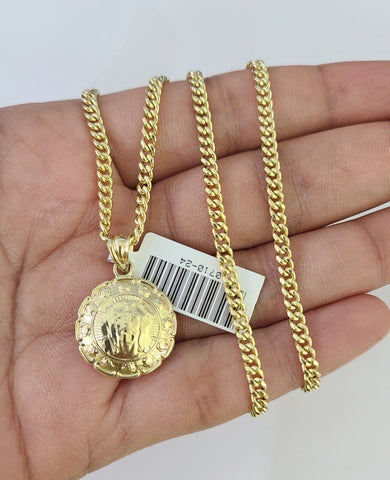 10K Gold Miami Cuban Chain Jesus Mary 18"-28" 3mm REAL Pendant Necklace SET