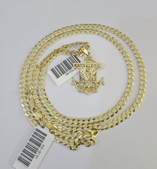 10k Gold Cuban Curb Chain Eagle Anchor Charm Solid 4mm 18"-28" SET Necklace