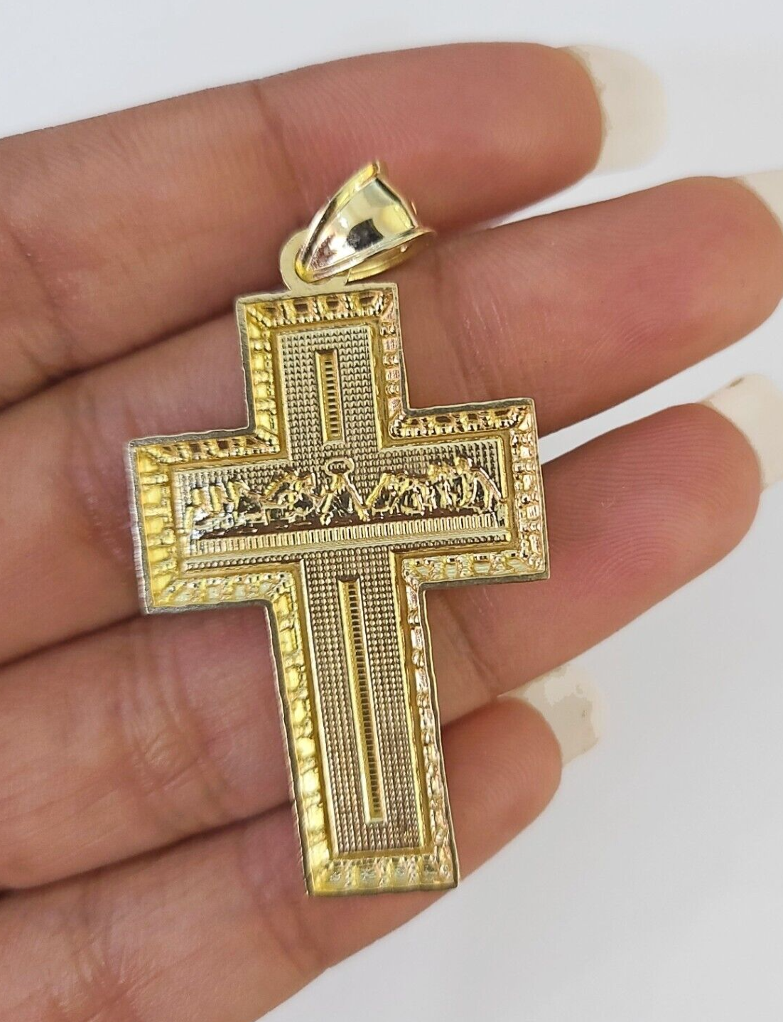 10k Real Last Supper Cross Charm Pendant Yellow Gold Men Women Diamond cuts 2"