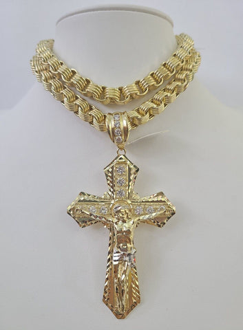 10k Gold Byzantine Necklace Jesus Cross Charm 20-30 inches 9mm REAL SET Chain