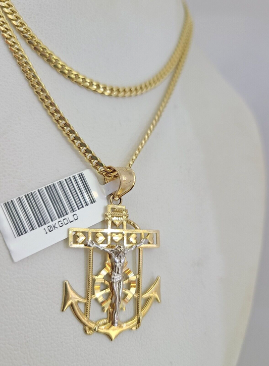 10K Solid Gold Chain Miami Cuban Jesus Anchor Pendant 2.5mm SET 18"-24" Charm