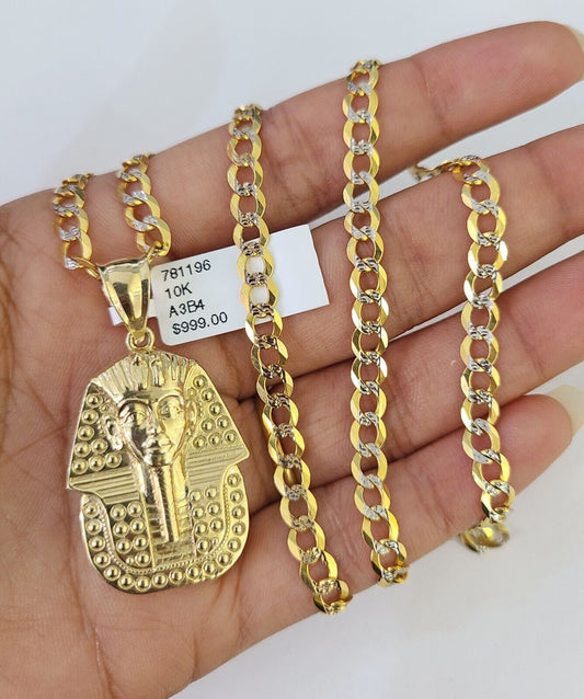 10k Gold Chain Pharaoh Charm Solid Cuban Curb Link 5mm 18"-28" Inch SET Necklace