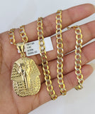 10k Gold Chain Pharaoh Charm Solid Cuban Curb Link 5mm 18"-28" Inch SET Necklace