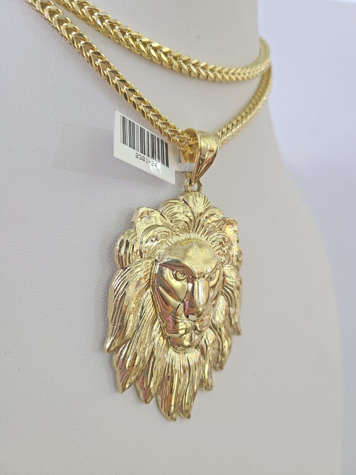 10K Franco Chain Lion Pendant Charm Necklace 20"-28" 4mm Gold SET Yellow