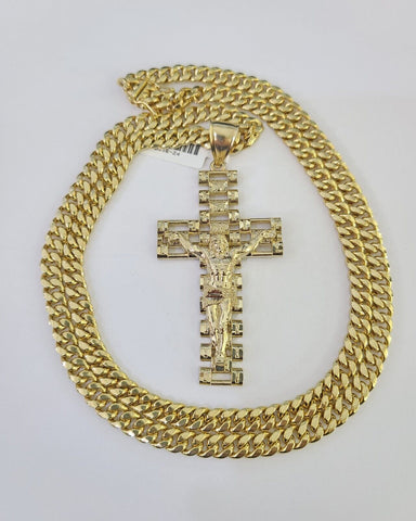 10K Miami Cuban Link Chain Jesus Cross Pendent Charm 6mm 20"-30" Necklace