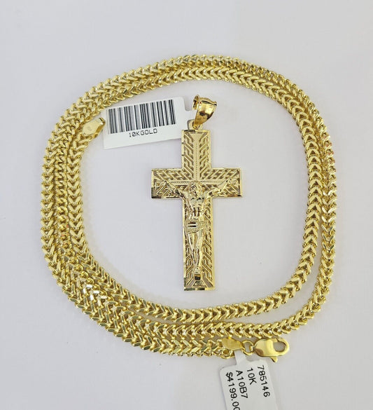 10K Franco Chain Jesus Cross Pendant Charm Necklace 20"-26" 3mm Gold Yellow SET