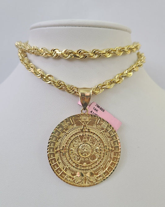 Real 14k Solid Rope Chain Mayan Calendar Charm Set 6mm 18"-30" Necklace Gold