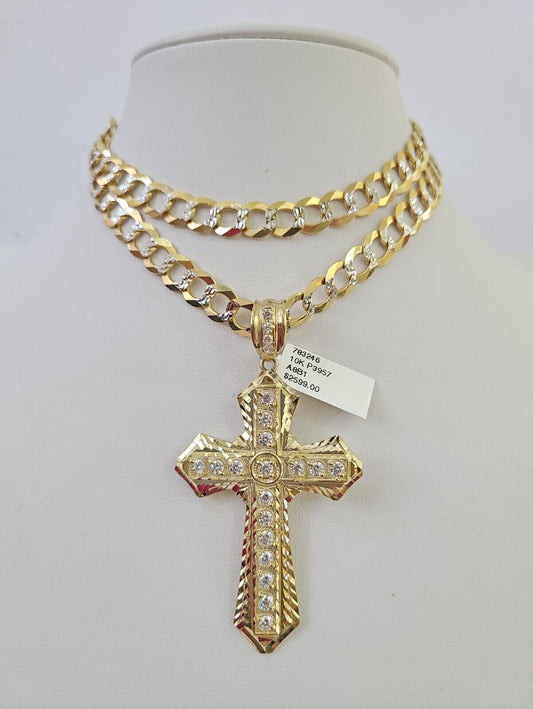 10k Gold Chain Cross Charm Solid Cuban Curb Necklace 9mm 20"-30" Diamond Cut SET