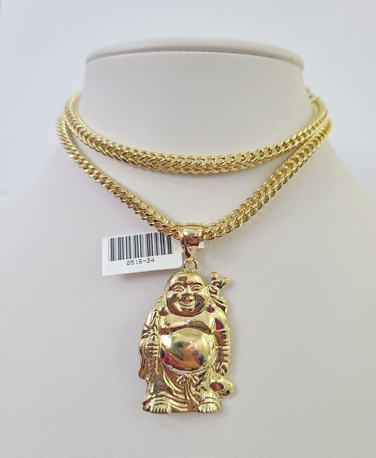 10K Franco Chain Laughing Buddha Pendant Charm Necklace 20"-28" 4mm Gold SET