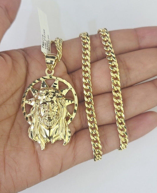 10k Jesus Head Charm Miami Cuban Chain Pendant Set 5mm Necklace Yellow Gold