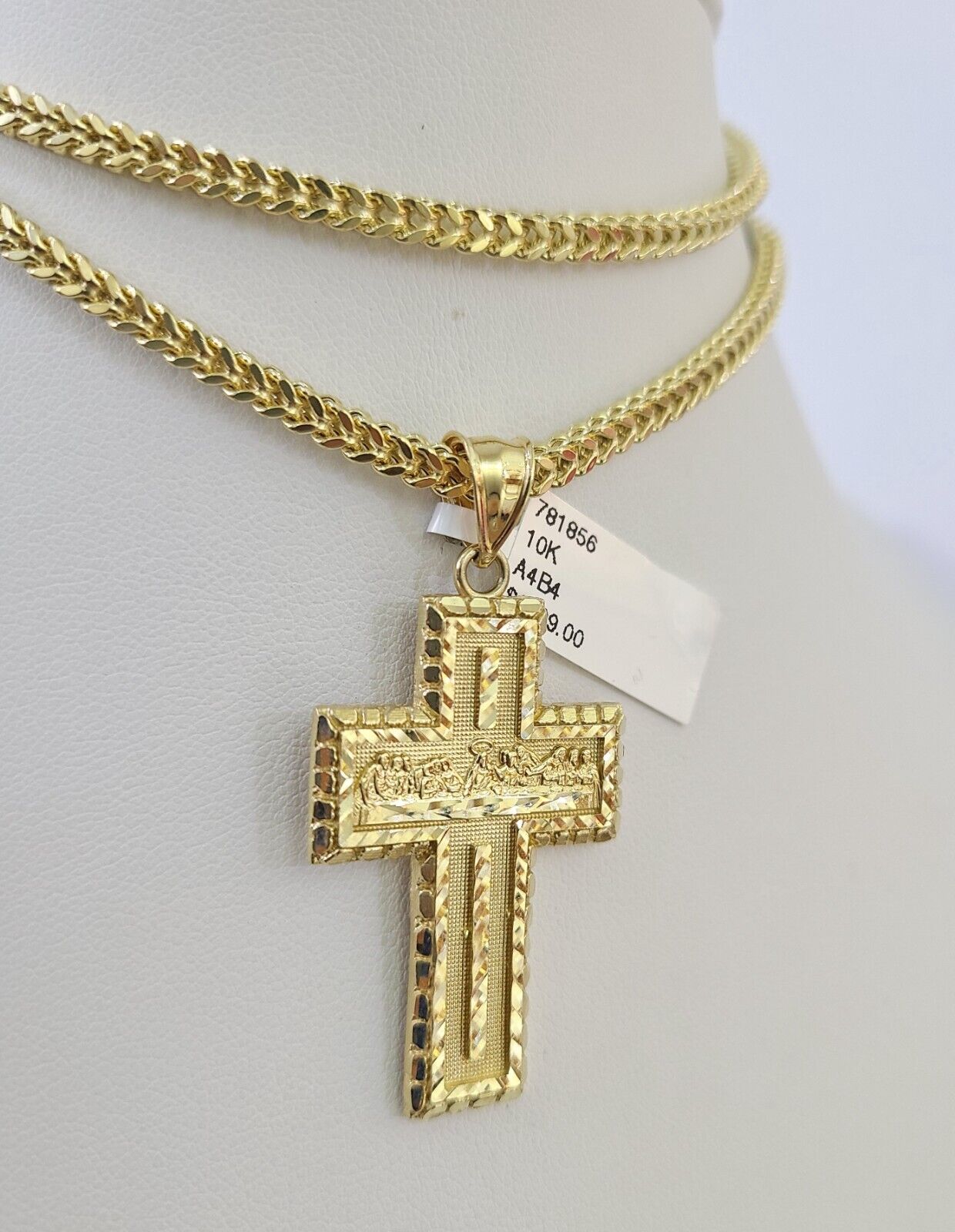 10K Franco Chain Last Supper Cross Pendant Charm Necklace 20"-26" 3mm Gold SET