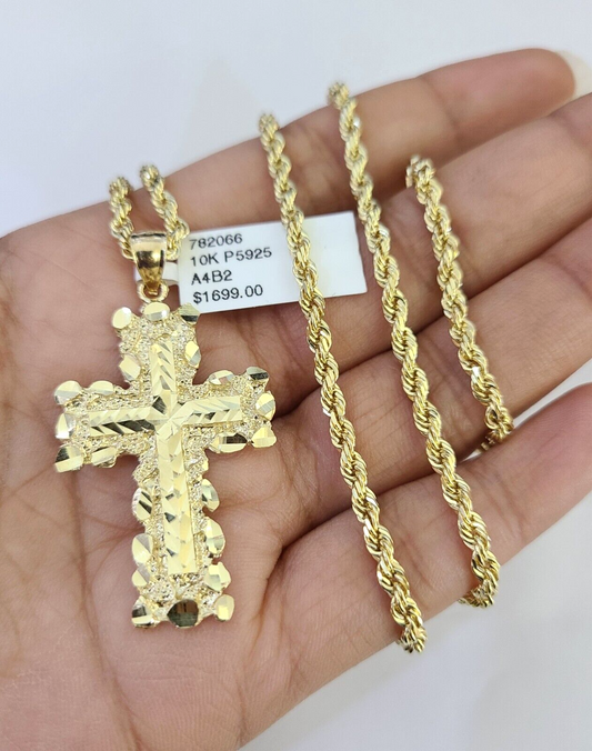 10k Solid Rope Chain 3mm Jesus Cross Necklace Pendant Charm SET 18-26 in
