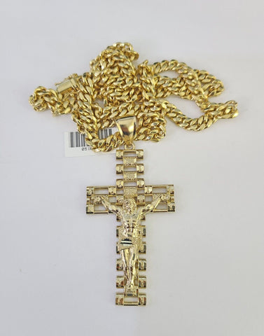 10K Miami Cuban Link Chain Jesus Cross Pendent Charm 6mm 20"-30" Necklace