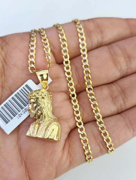 10k Solid Gold Cuban Curb Chain Jesus Head Pendant 2.5mm 18"-26" SET Necklace