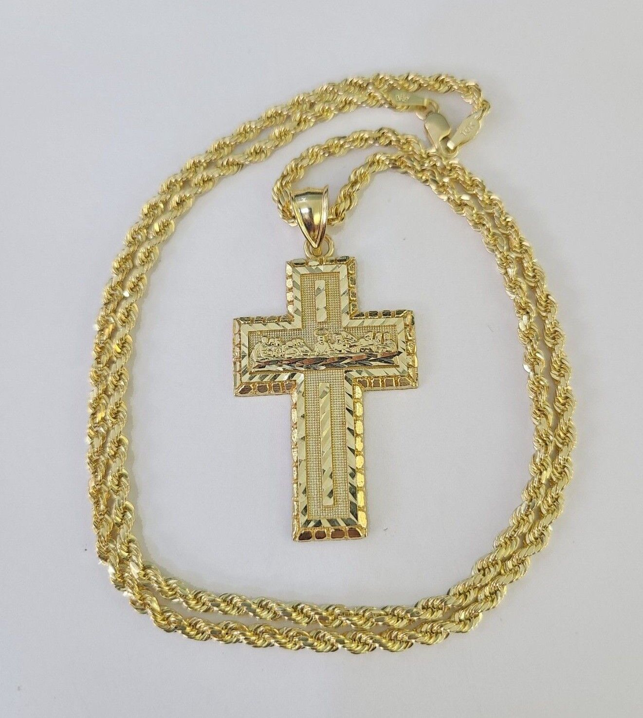 10k 3mm Rope Chain Last Supper Cross Pendant 18"-30" Gold Set Charm Necklace