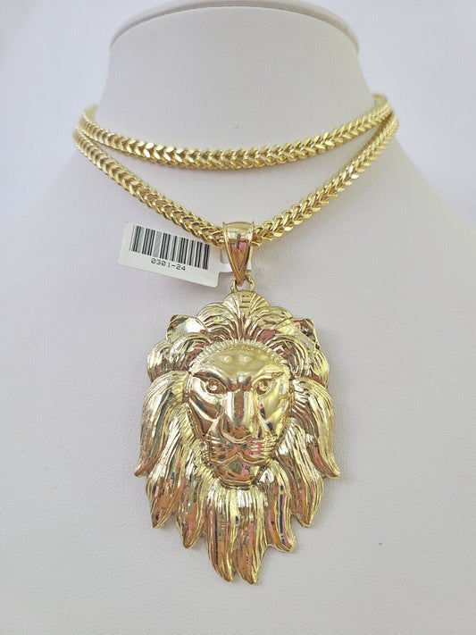 10K Franco Chain Lion Pendant Charm Necklace 20"-28" 4mm Gold SET Yellow