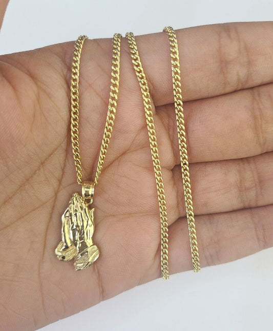 14k Miami Cuban Chain Praying Hands Charm Pendant 2mm 18"-24inch SET Necklace