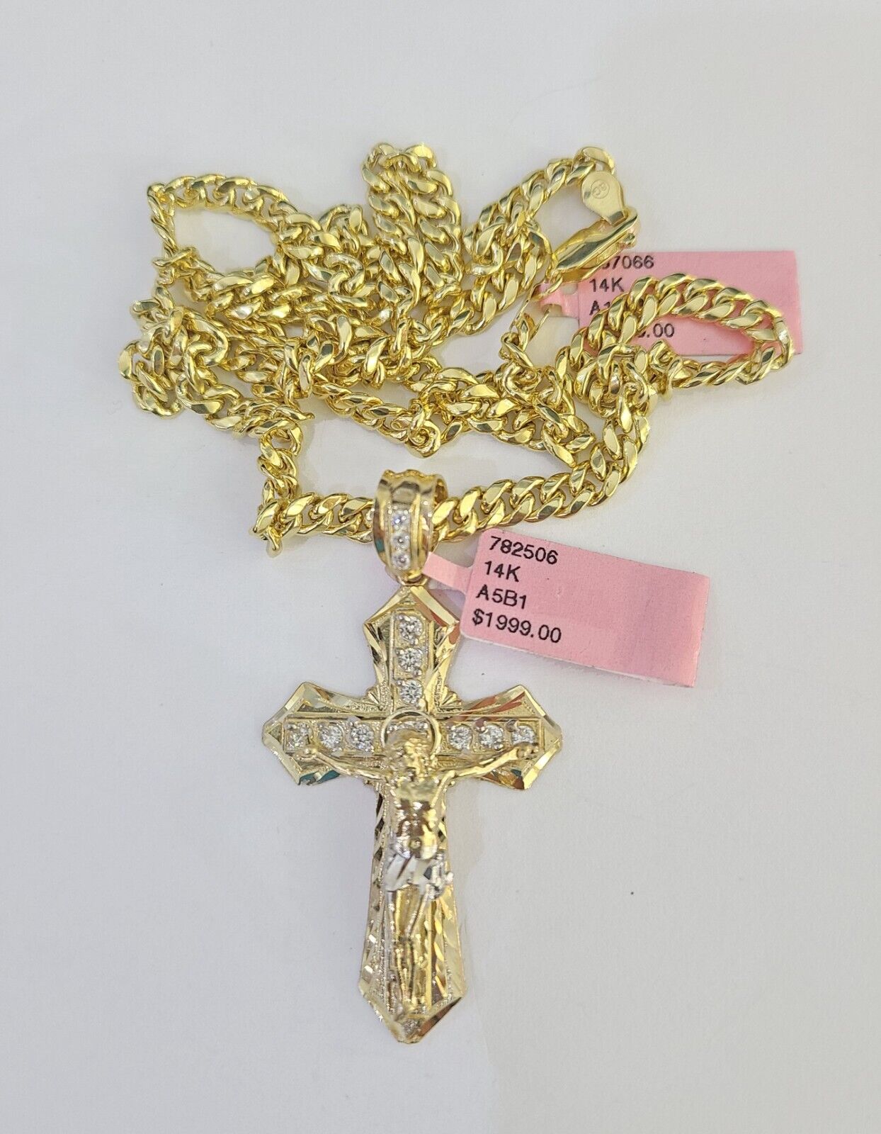 Real 14k Chain Cross Charm Set Miami Cuban Link 5mm 18"-30" Necklace Pendant