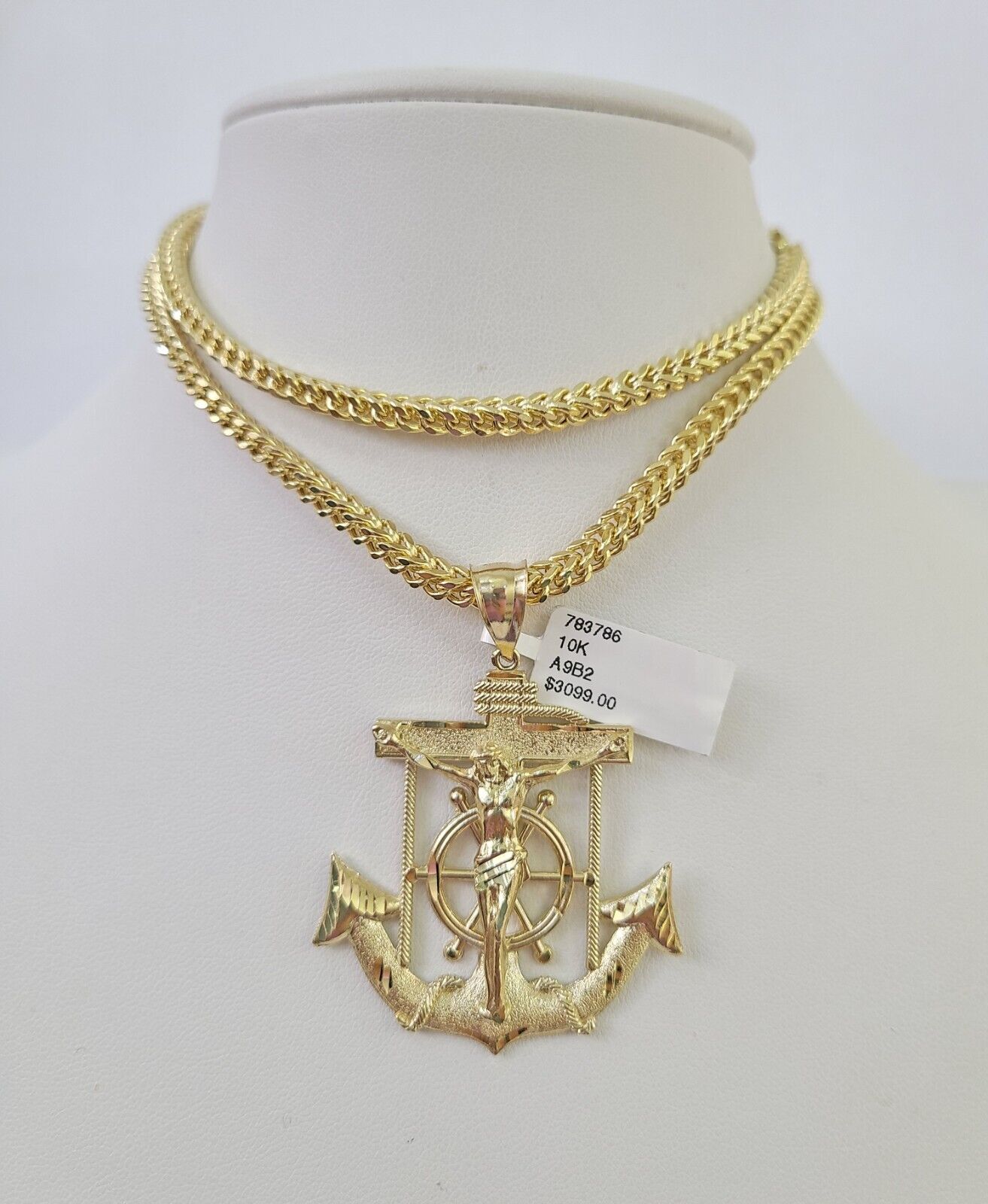 10K Franco Chain Jesus Anchor Pendant Charm Necklace 20"-28" 4mm Yellow Gold SET