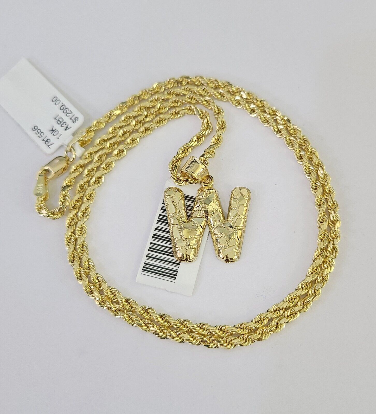 10k Gold Initial W Charm Rope Chain 16"-26" 2.5mm SET Necklace Alphabet Pendant