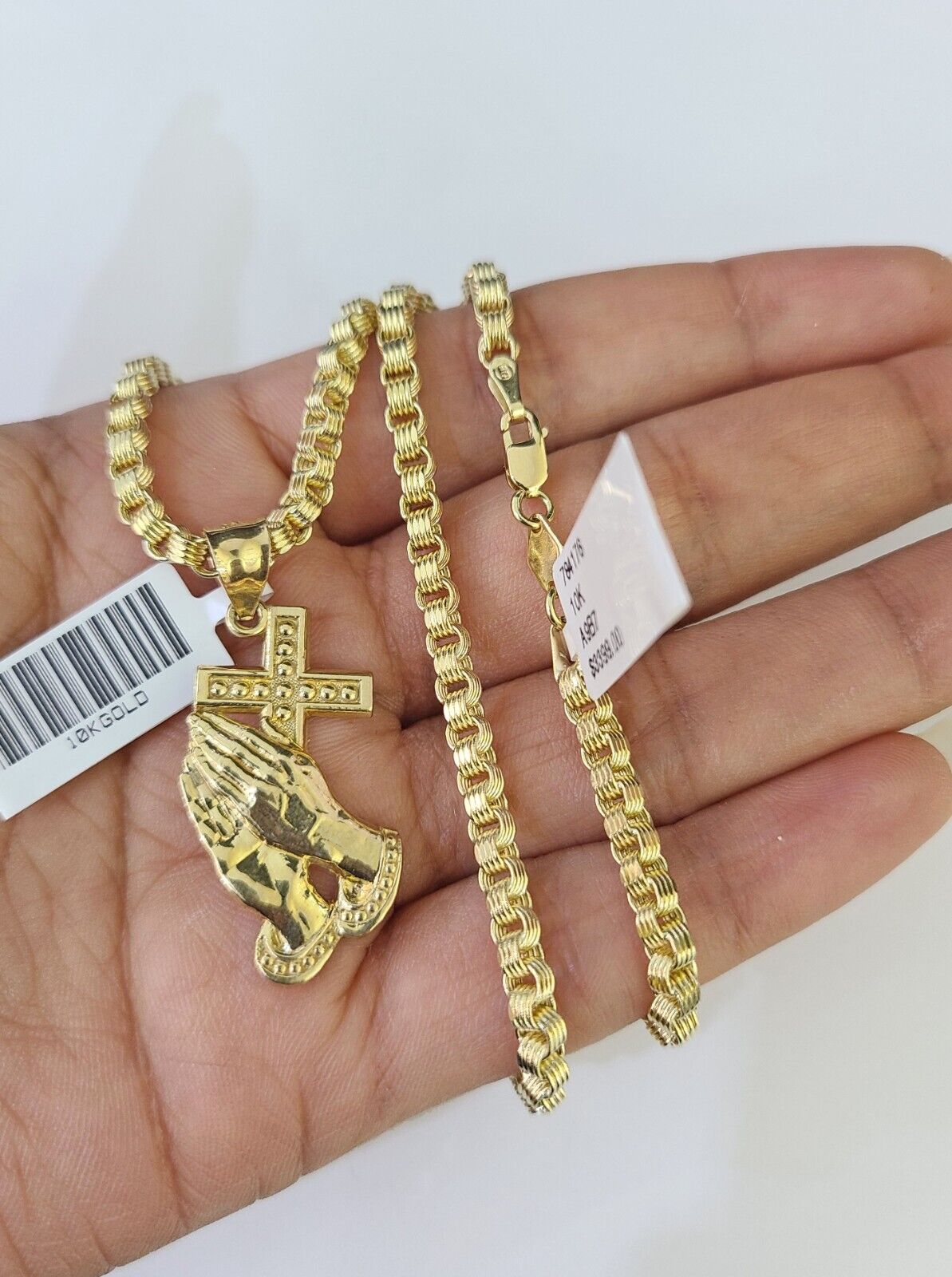 10k Gold Byzantine Necklace Praying Hands Charm 18-28 inch 3mm SET Chain Pendant