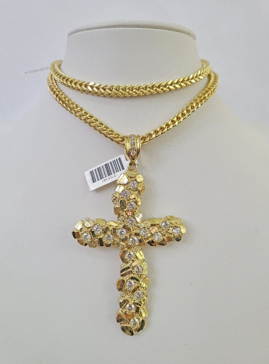 10K Franco Chain Jesus Cross Pendant Charm Necklace 20"-26" 5mm Gold Yellow SET