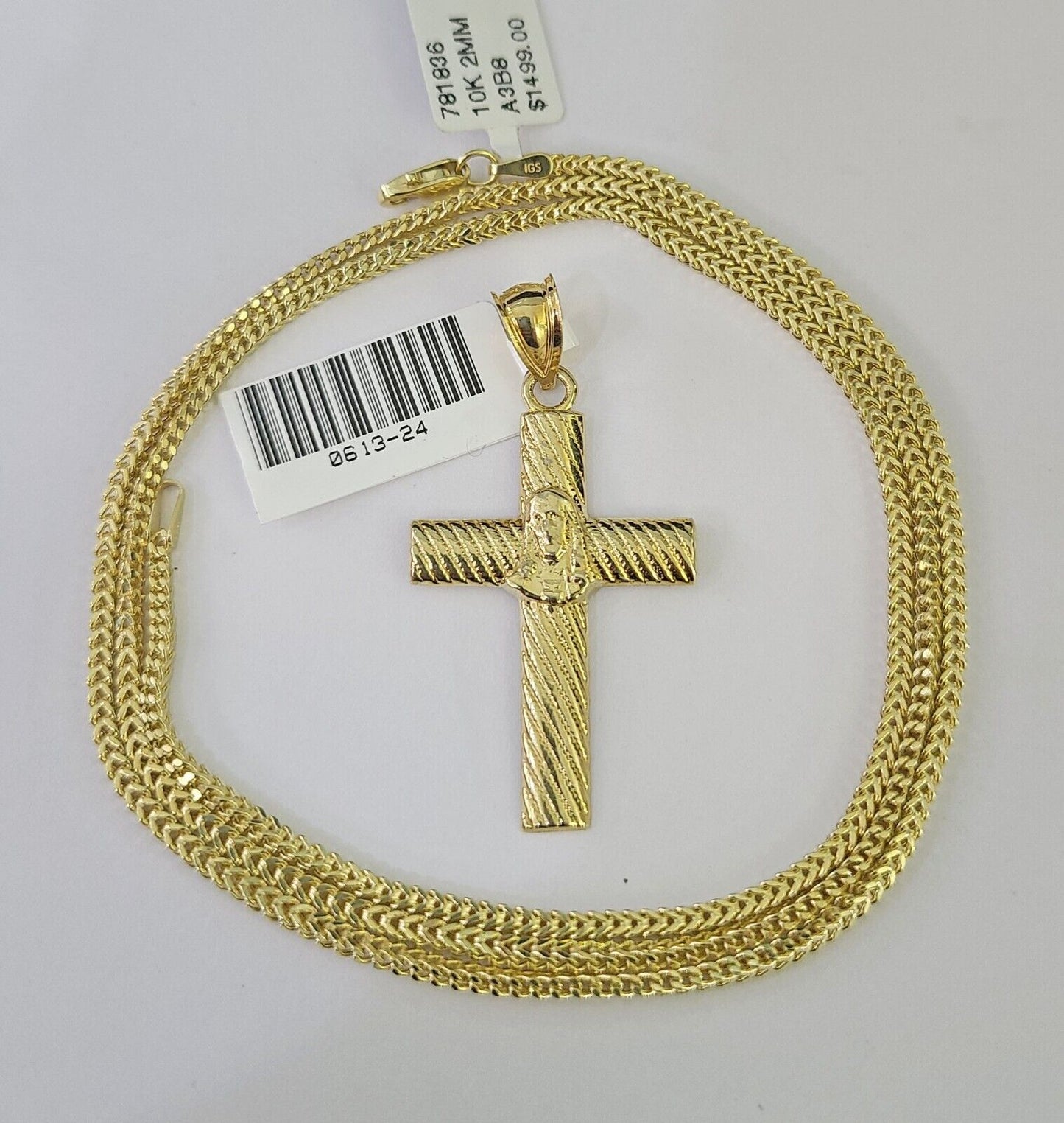 10K Franco Chain Jesus Cross Pendant Charm Necklace 16"-24" 2mm Gold SET Yellow