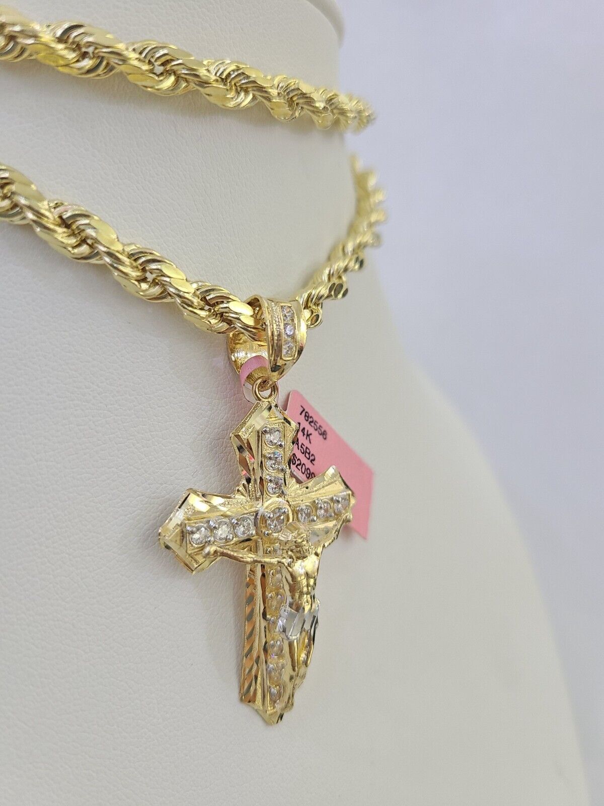 Real 14k Rope Chain Jesus Cross Charm Set 6mm 18"-28" Necklace Yellow Gold