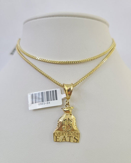 10K Franco Chain Everybody Eats Pendant Charm Necklace 16"-24" 2mm Gold SET