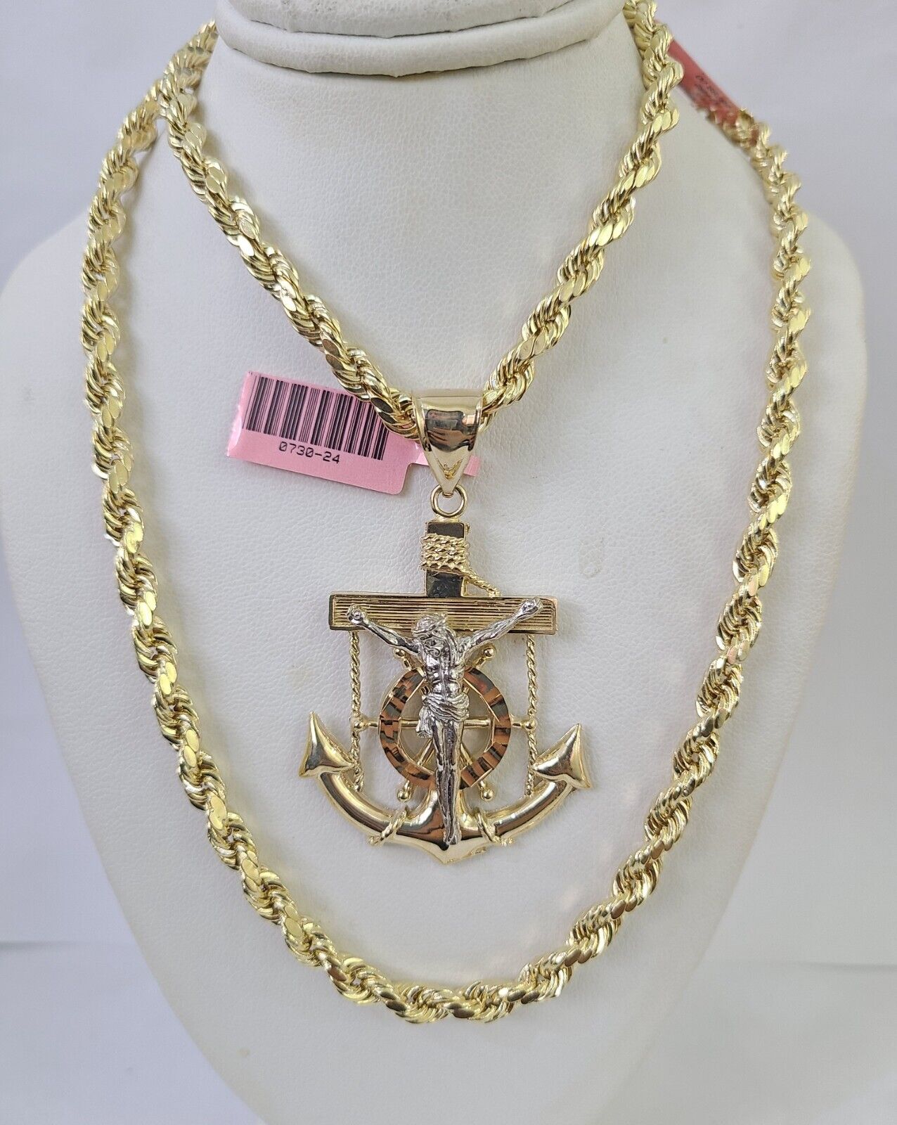 Real 14k Rope Chain Jesus Anchor Charm Set 6mm 18"-28" Necklace Yellow Gold