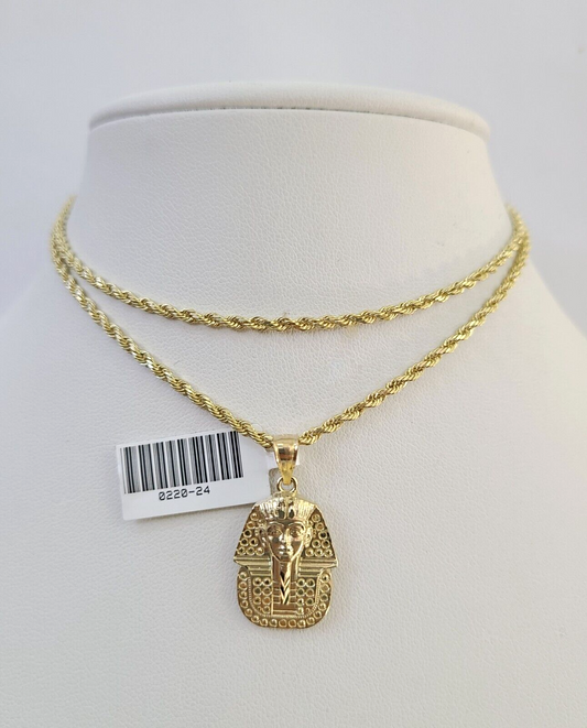 10k Solid Rope Chain 2mm Pharaoh Head Pendant Charm Necklace SET 18-24 in