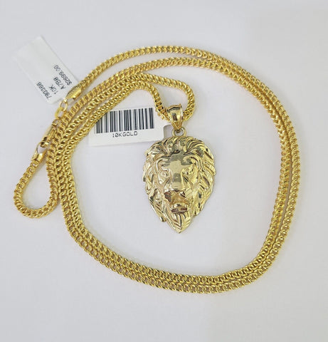 10K Franco Chain Roaring Lion Pendant Charm Necklace 20"-26" 2.5mm Yellow Gold