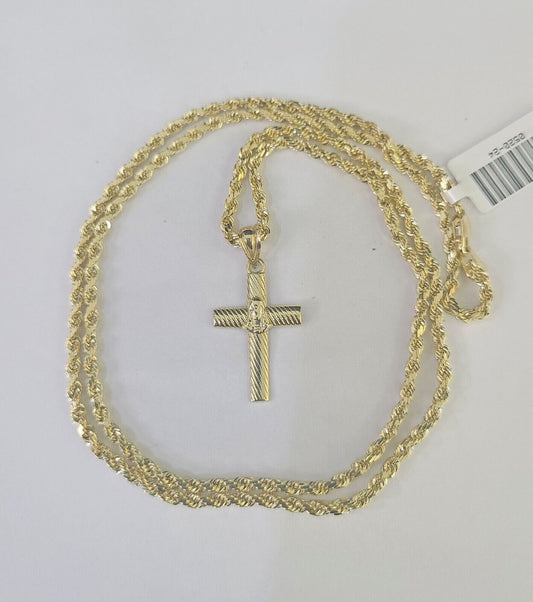 10k Rope Chain Jesus Cross Pendant 18"-26" Set Charm Necklace Yellow Gold