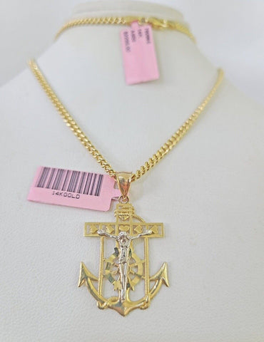 14k Yellow Gold Miami Cuban Chain Jesus Anchor Charm Set 3mm 18"-26" Necklace
