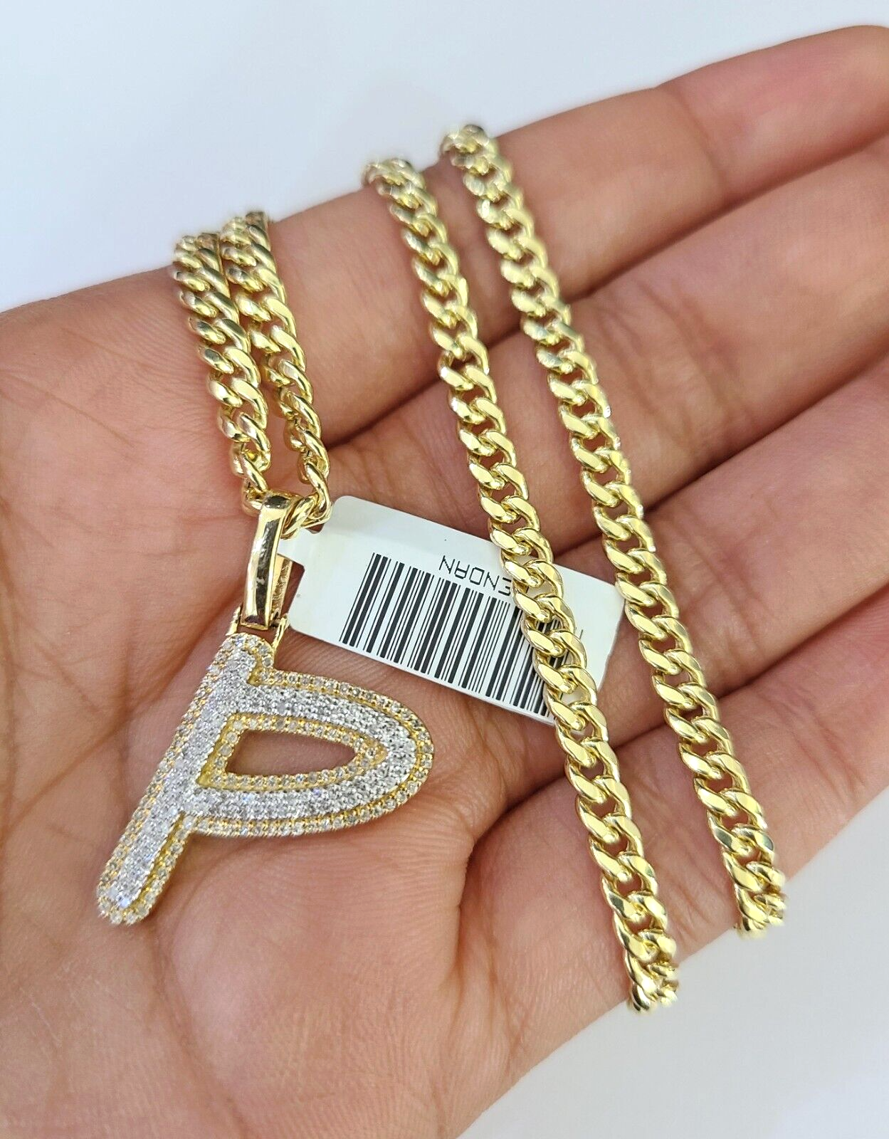 10k Miami Cuban Chain Diamond P Initial Charm Set 4mm 18"-28" Necklace Gold