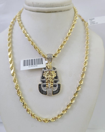 10k Solid Rope Chain Pharaoh Charm Diamond Set 4mm 20"-28" Necklace Gold Yellow