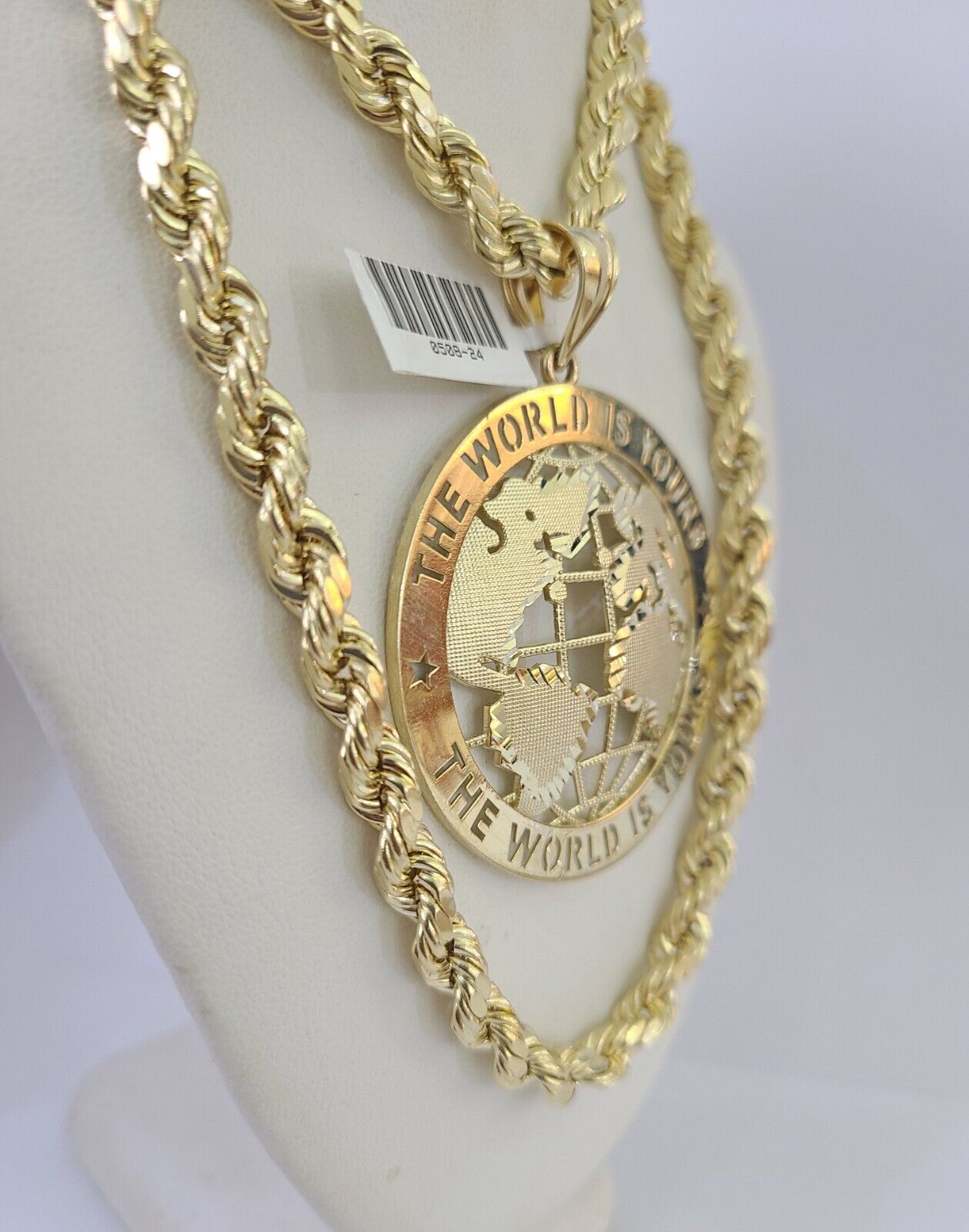 Real 10k Rope Chain World is Yours Charm Set 7mm 20"-28" Inch Necklace Gold