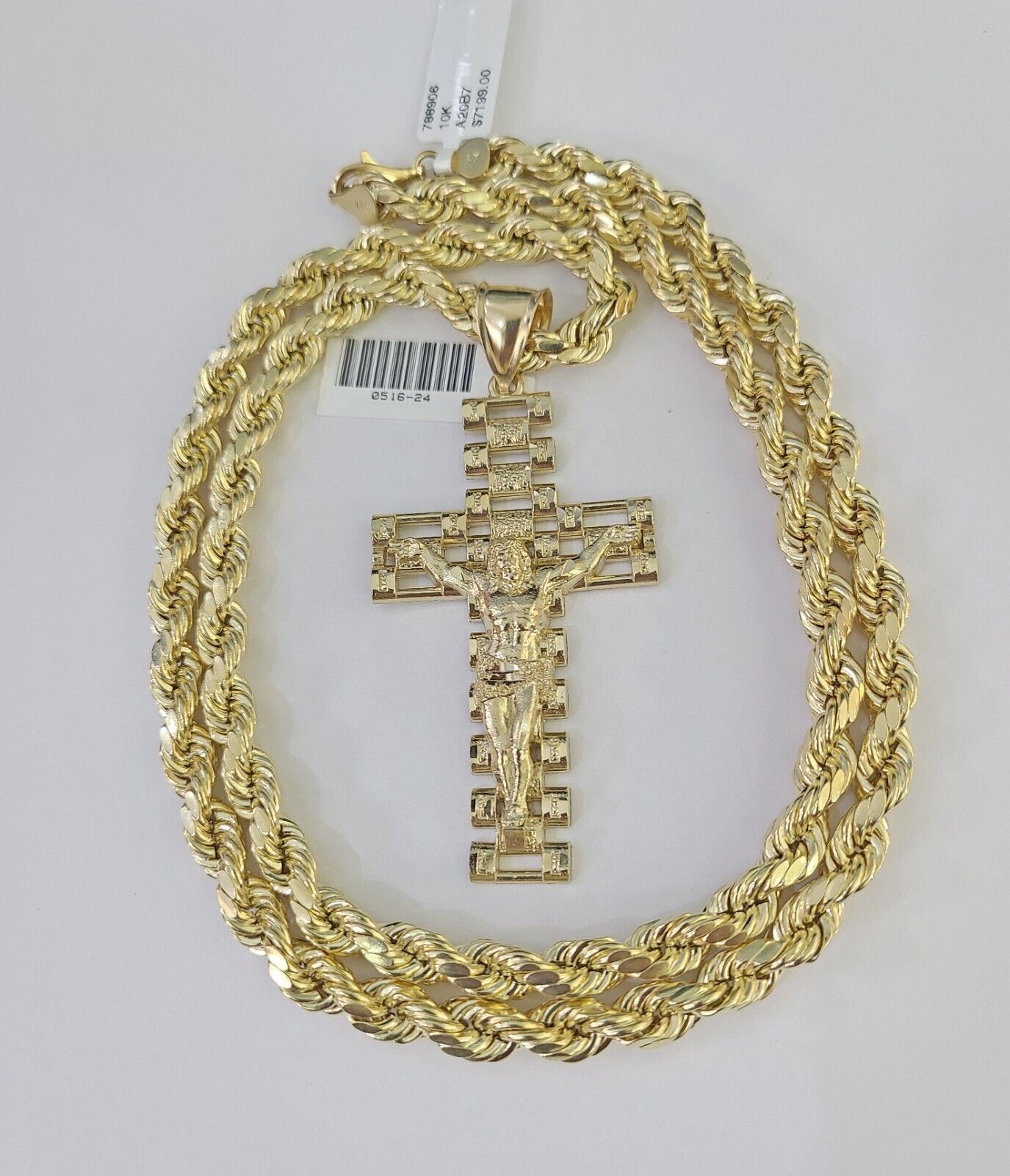 Real 10k Rope Chain Jesus Cross Charm Set 7mm 20"-28" Inch Necklace Yellow Gold