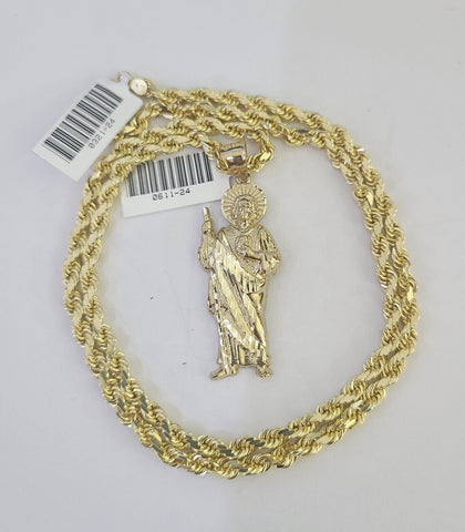 10k Solid Rope Chain Saint Jude Charm Set 4mm 18"-30" Necklace Gold Pendant