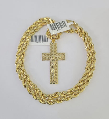 Real 10k Rope Chain Jesus Cross Charm Necklace Pendant Set 5mm 20"-30" Inch Gold