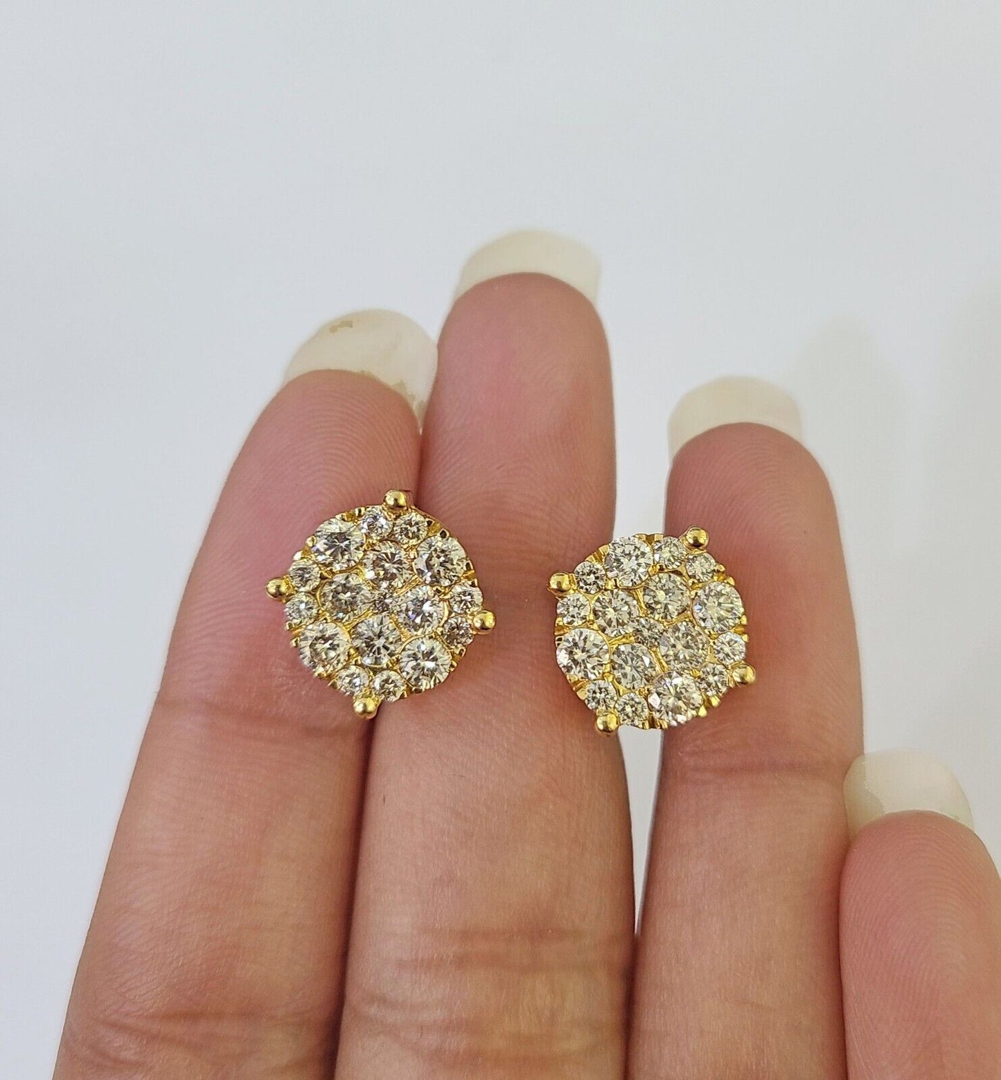 10k Yellow gold Flower Earrings Real Diamond screw-back Women Men studs