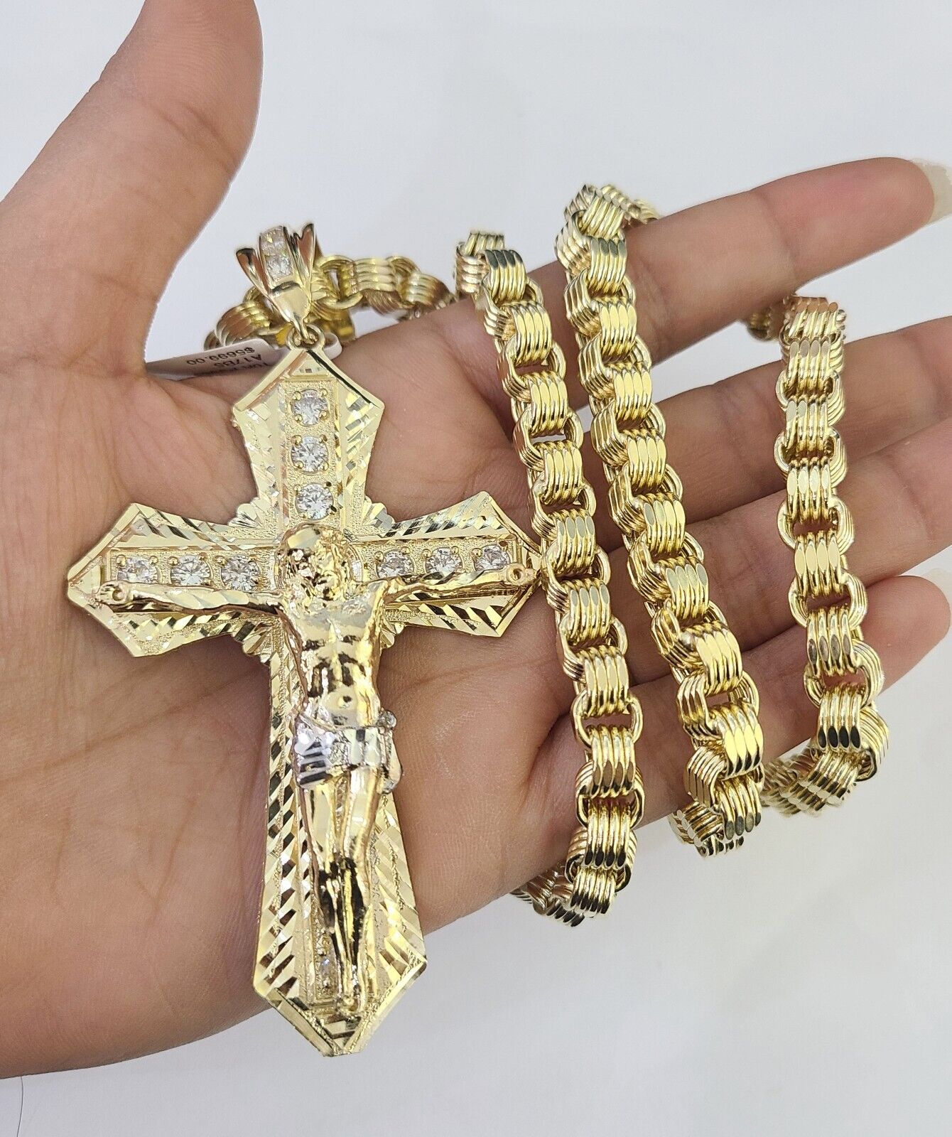 10k Gold Byzantine Necklace Jesus Cross Charm Pendant 20"-30" 8mm REAL SET Chain