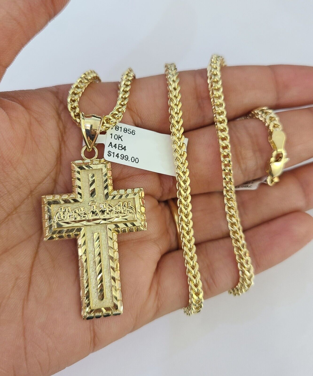 10K Franco Chain Last Supper Cross Pendant Charm Necklace 20"-26" 3mm Gold SET